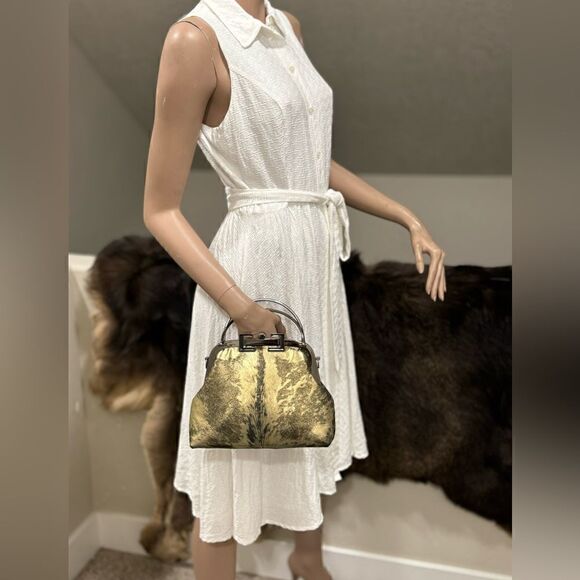 Handmade Gold Metallic Natural Hair-On Calfskin Top Handle Bag/Multi Way Use - Picture 2 of 16